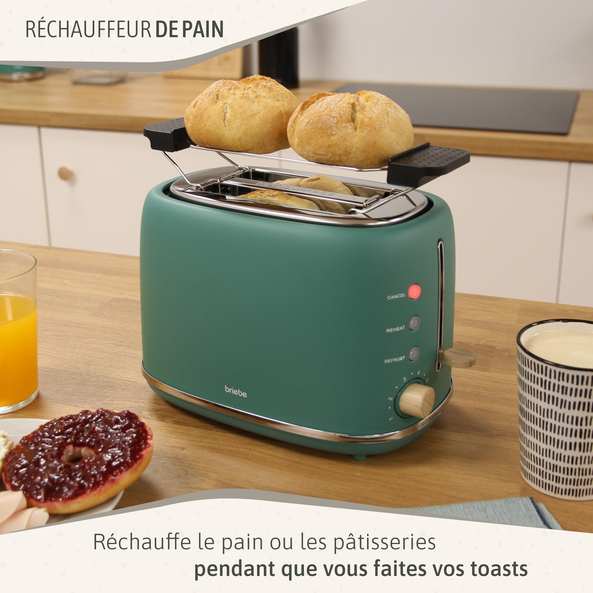briebe Nordic Ensemble Grille Pain 2 Fentes Tranches Larges, 6 Niveaux de Dorage + Bouilloire Induction Sifflante 2,3L, Acier Inoxydable, sans BPA, Pack Petit Déjeuner, Design Nordique, Vert