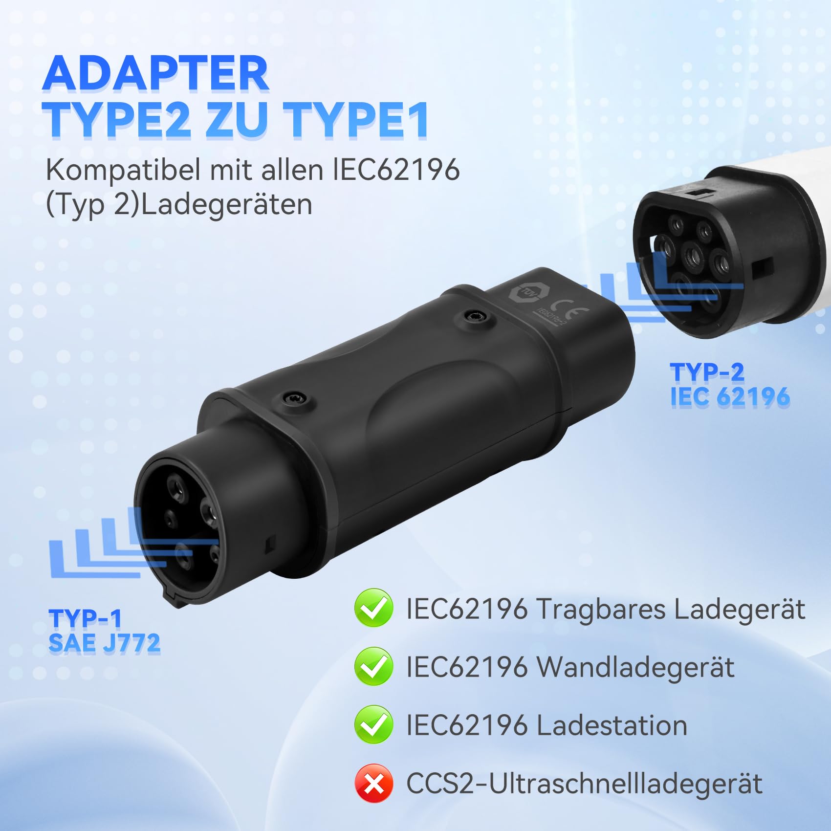 JULIK adapter do ładowania samochodowego, konwerter IEC62196 na SAE J1772