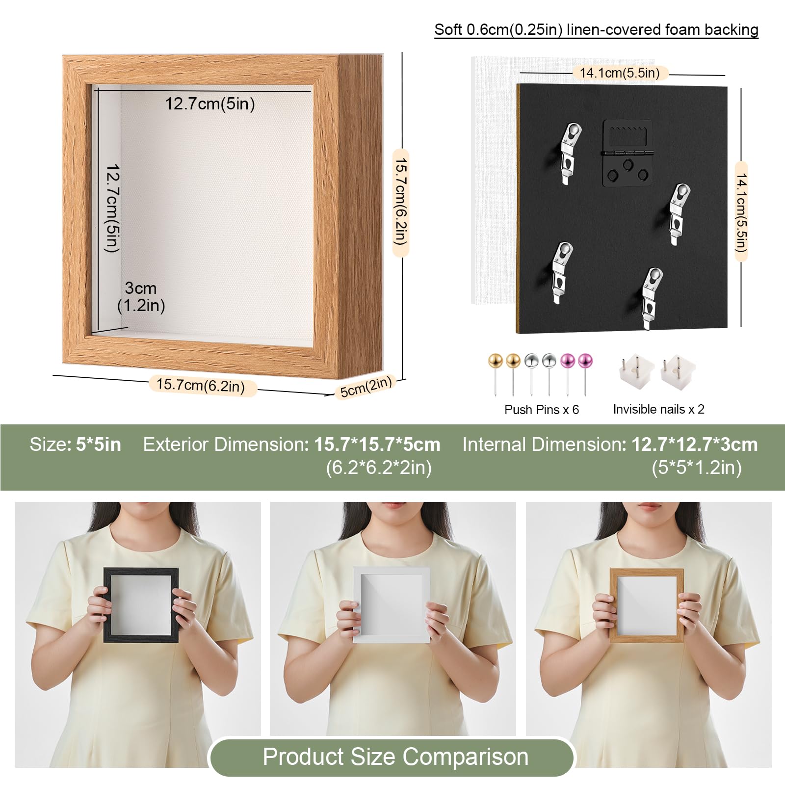 MGLIFEUL 5x5 Mini Shadow Box Frame with Shatterproof Clear Glass & Push Pin, Wood Color, 12.7x12.7cm(5x5in) - Image 3