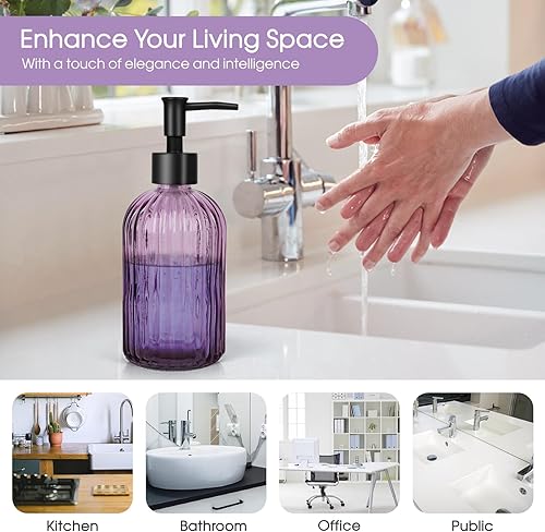 Miniatura 6 de Paquete de 2 dispensadores de jabón de vidrio a rayas con bomba de plástico negro, dispensador de jabón líquido de manos de 13.5 fl oz, bomba a