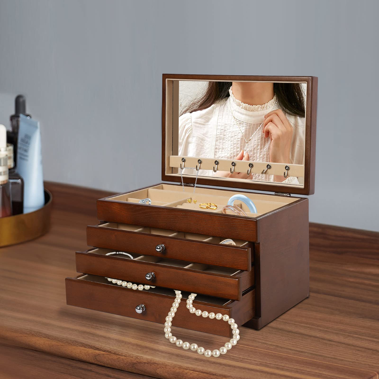 Schmuckkästchen Serie Schmuckkasten mit Spiegel 4-lagiger Schmuck-Organizer aus Massivhol 3 Schubladen für Ringe, Ohrringe, Armbänder, Halsketten（Holzfarbe）