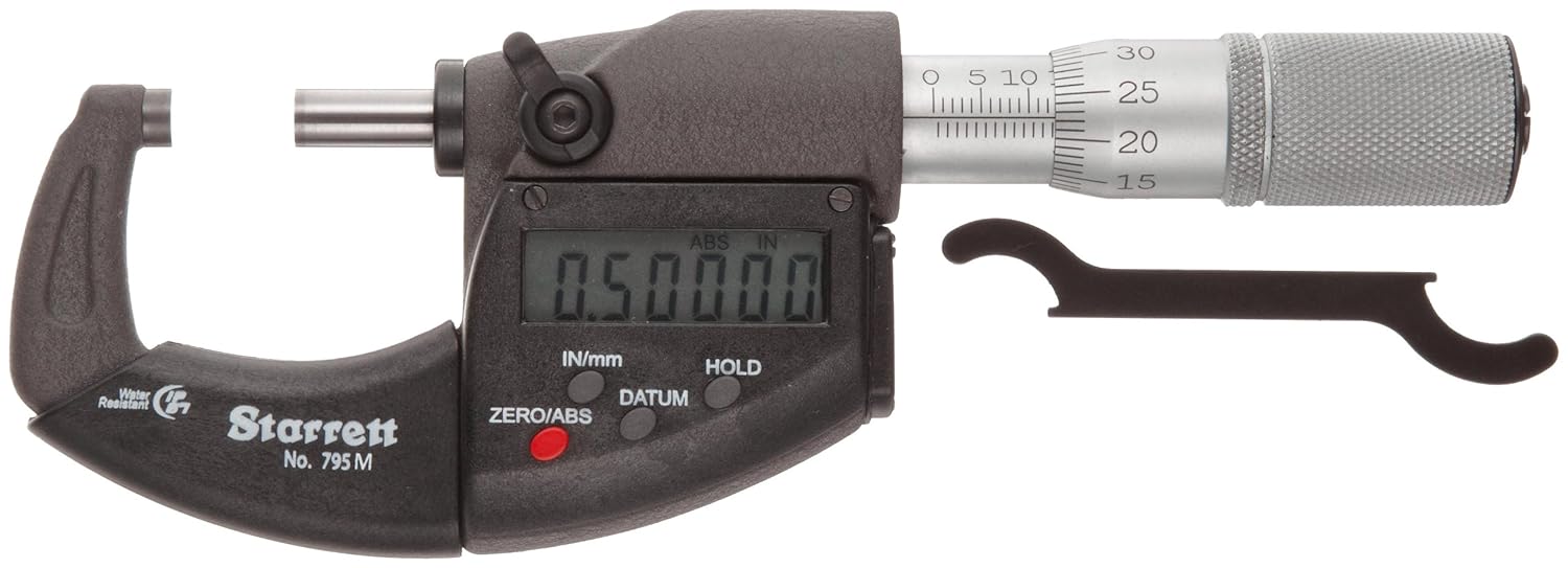 Starrett 795MEXFL-75 LCD Outside Micrometer, IP67, Friction Thimble, Lock Nut, Carbide Faces, 50-75mm Range, 0.001mm Graduation, +/-0.003mm Accuracy, RS-232 Output