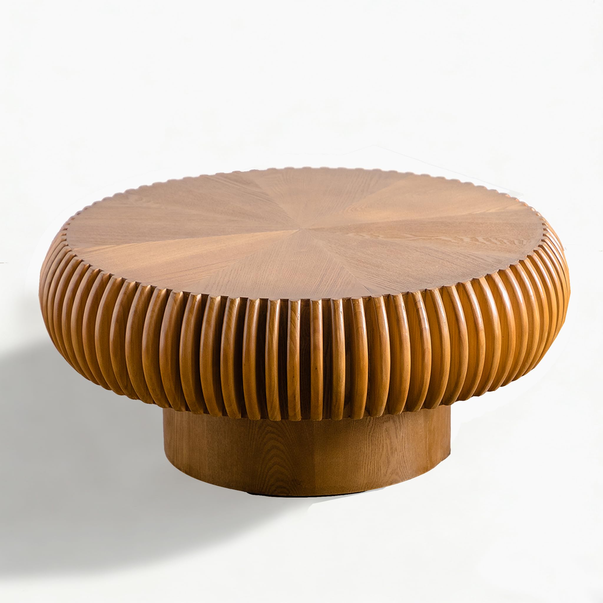 80 cm Mesa de Centro Redonda, Marrón | Tambor Estriado, Estilo Mid-Century - Mesa Central para Salón, Apartamento, Pequeños Espacios - Montaje Sencillo