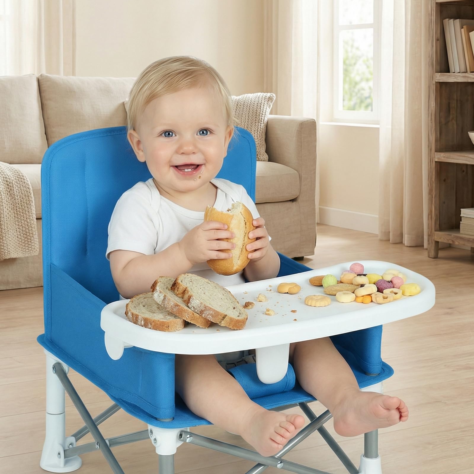 Tragbare Sitzerhöhung mit Futterschale für Babys Booster Stuhl für 6 Monate bis 3 Jahre Kompakter Faltbarer Sitzerhöhung Babystuhl Reisestuhl