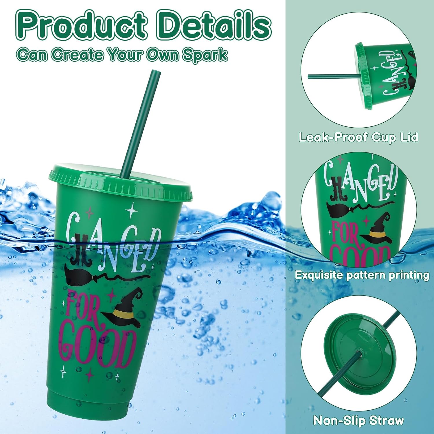12 Pcs Pink Green Plastic Cups with Lids and Straws 24 oz Reusable Tumbler for Witch Princess Enchanted Theme Parties Birthdays Bachelor Party Decoration - Image 3