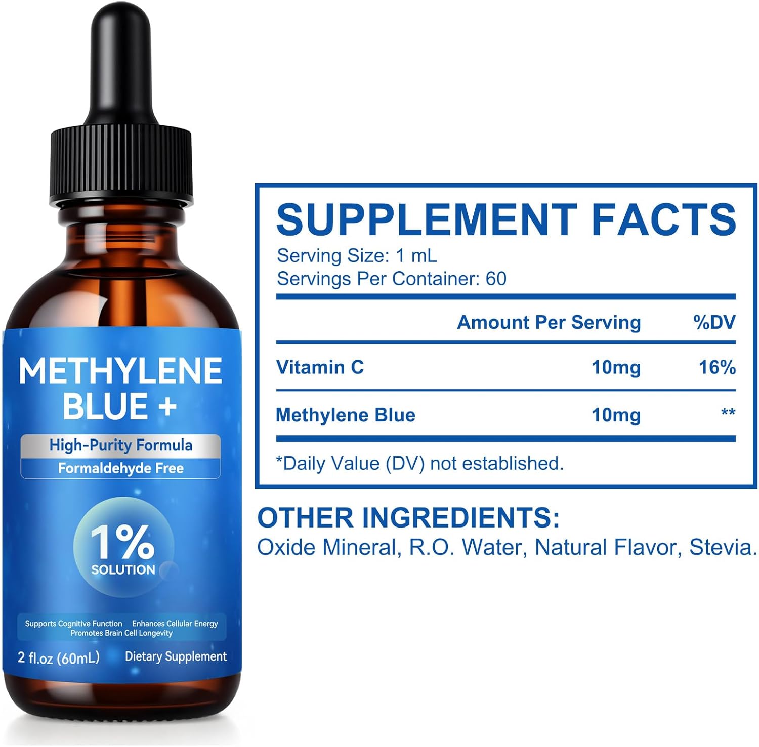Methylene Blue Liquid Drops 2 Fl Oz, Methylene Blue 1% Solution for Brain Health, Increased Absorption - Image 2