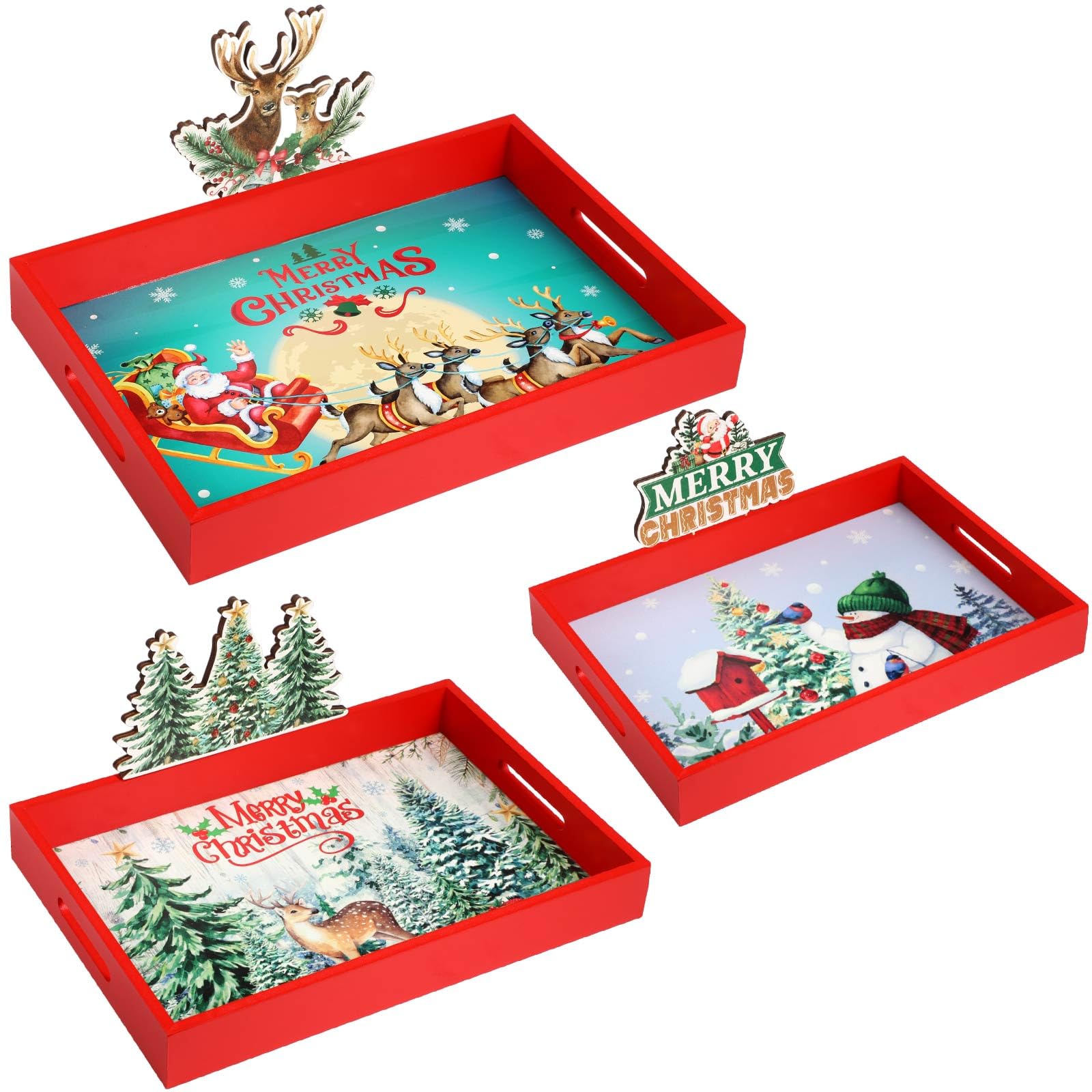 3 Size Christmas Wooden Serving Tray with Handles Christmas Coffee Table Trays Reindeer Snowman Santa Claus Decorative Serving Platters for Home Xmas Holiday Birthday Party Decorations