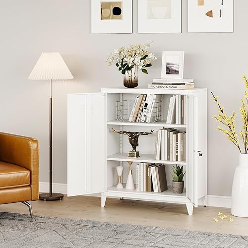 Miniatura 4 de MIIIKO Armario de metal con 2 puertas, aparador de almacenamiento blanco para cocina, despensa, oficina, garaje Blanco,Negro