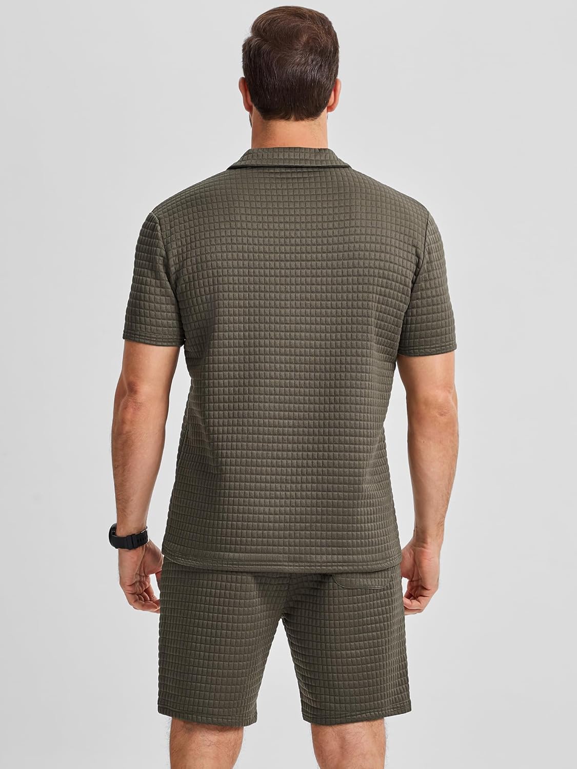 JMIERR Men's 2 Piece Waffle Knit Outfit Half Zip Polo Shirt and Shorts Textured Summer Set - Image 5