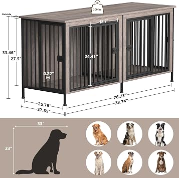 EasyCom 78.74 Dog Crate Furniture for 1 or 2 Dogs, 35-60 Pounds, Oak Grey