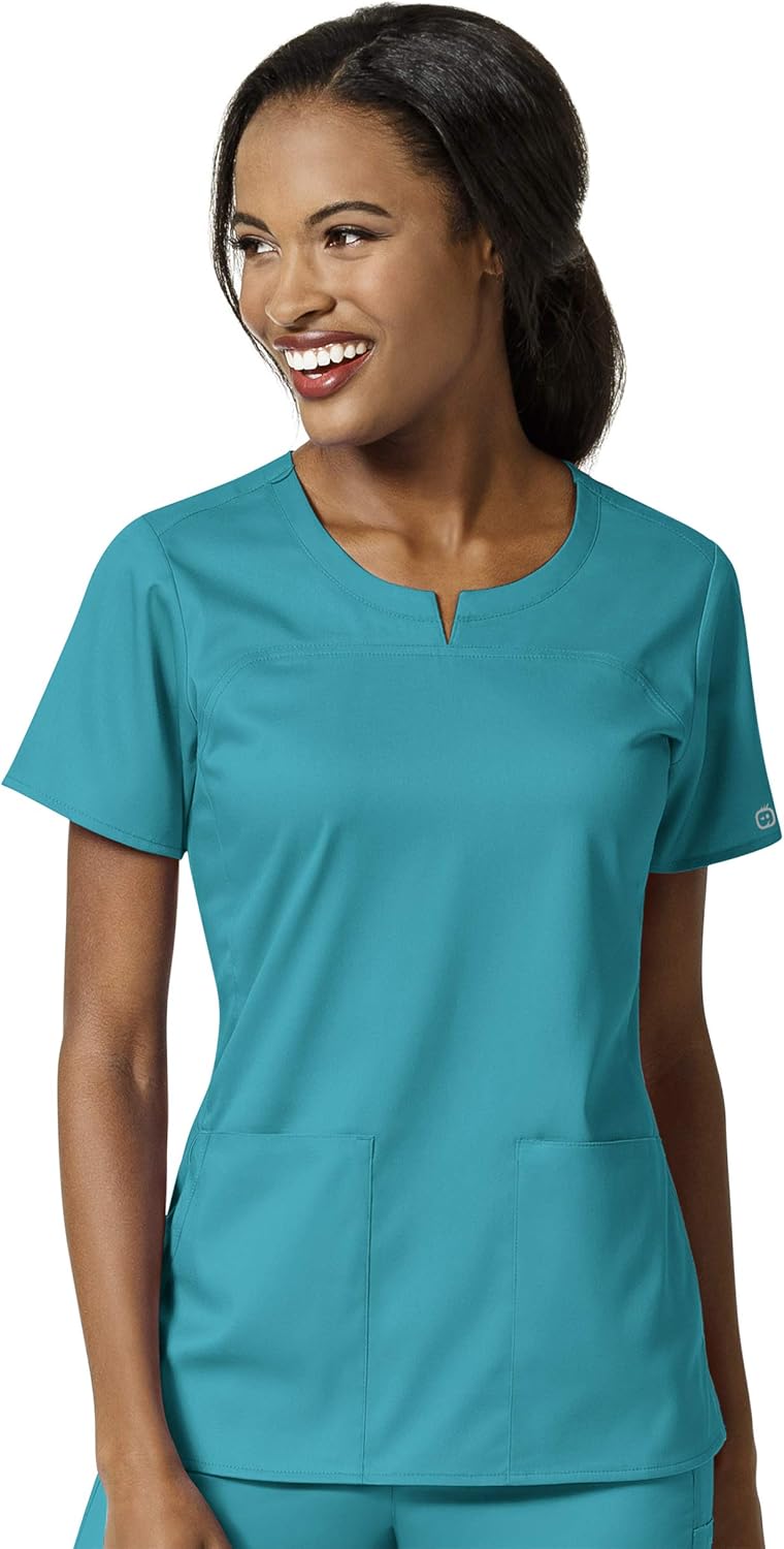 WonderWink PRO Women's 4 Pocket Notch Neck Top & Knit Waist Cargo Pant Scrub Set + Badge Reel