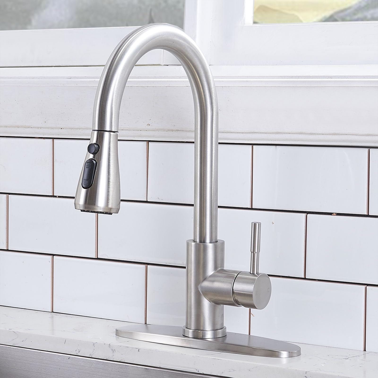 Kitchen Sink Faucet - WaterSong Kitchen Faucet with Pull Down Sprayer, Brushed Nickel Kitchen ...