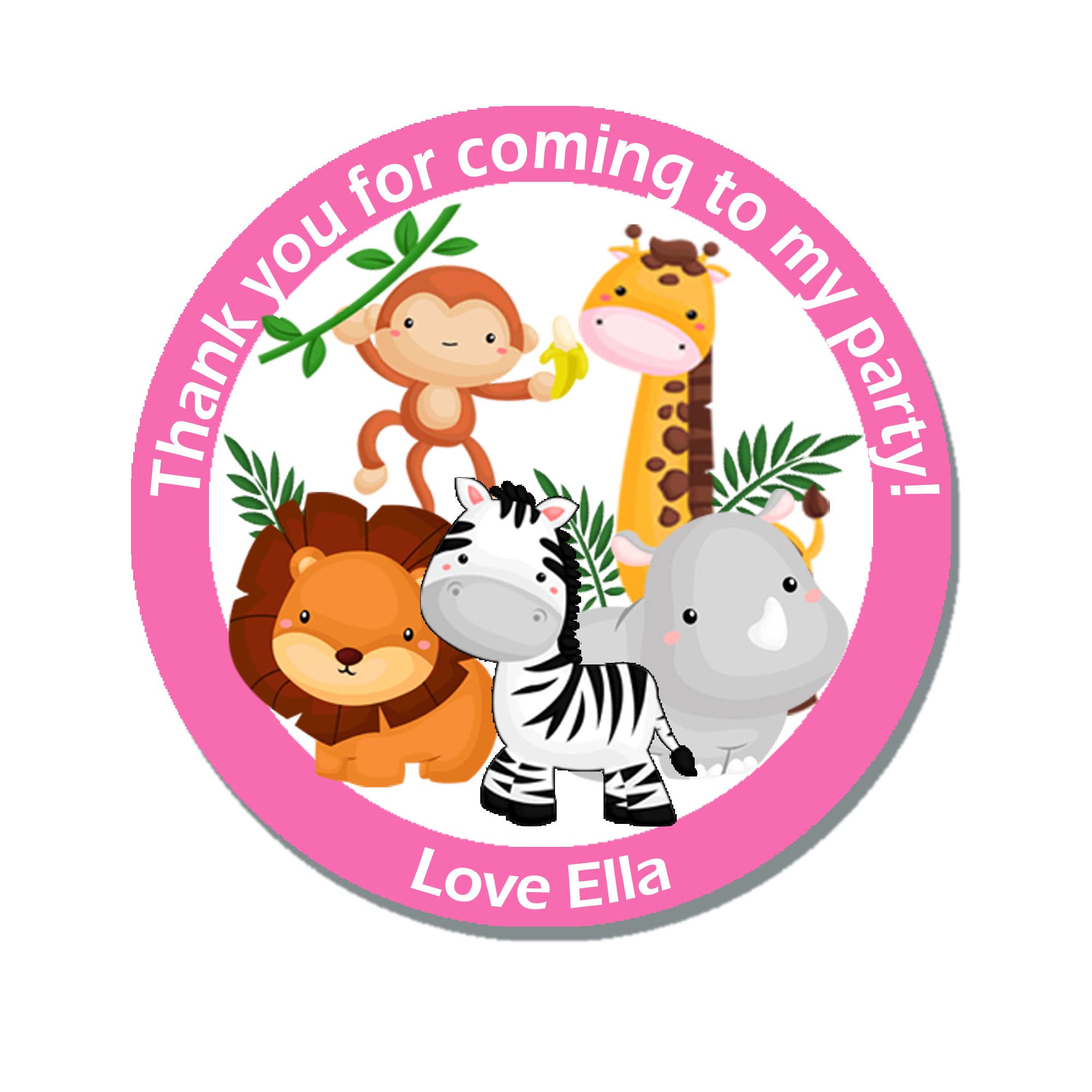 Treasured Forever Pink 24 X Personalised Jungle Animal Birthday Gift Stickers - Thank You, Favour, Birthday, Party, Themed Event (D1 )