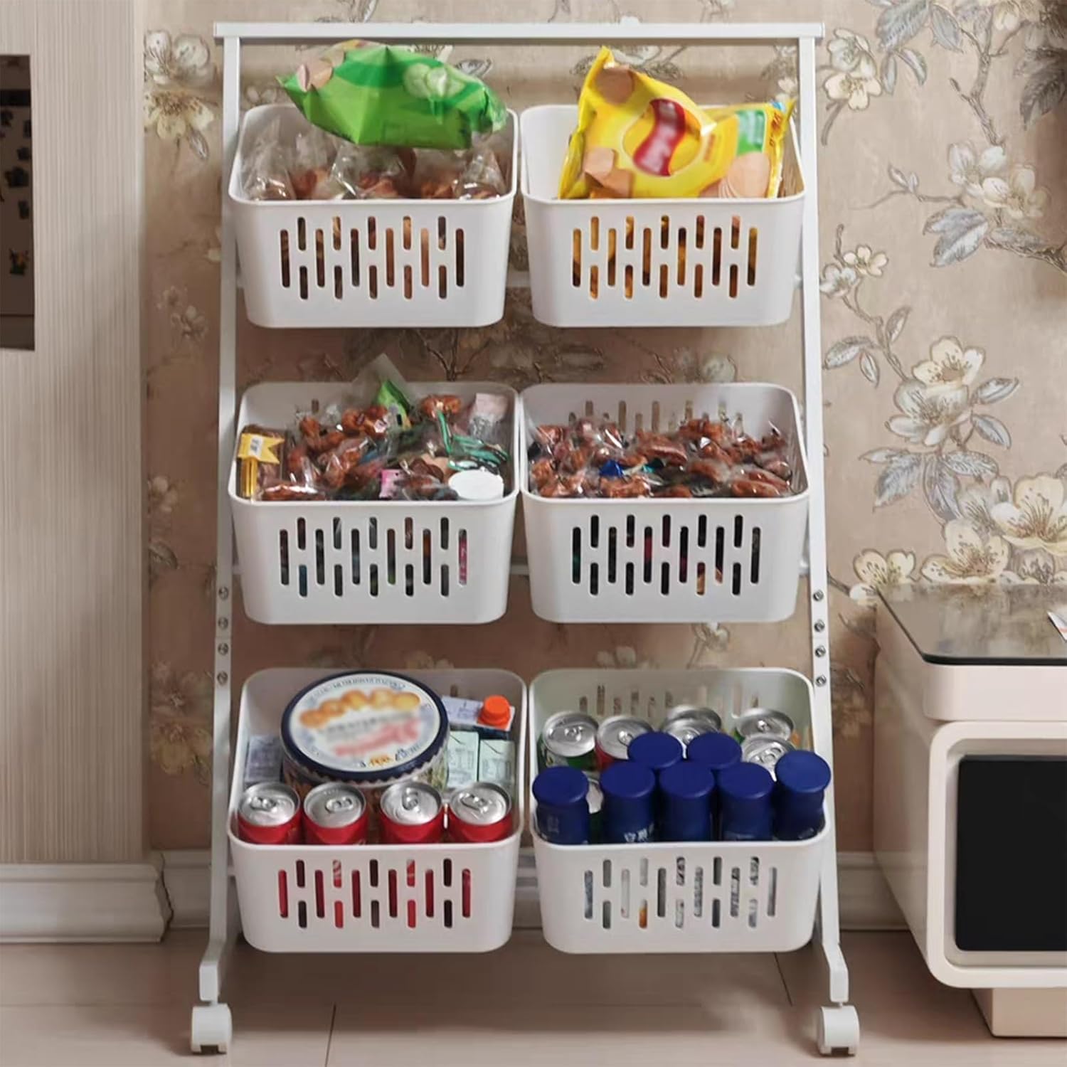 Rolling Storage Cart 3 Tier Organizer Mobile Shelving, White Metal Rolling Snack Display Stand for Home Kitchen Office, Multi-Purpose Fruit Basket Rack