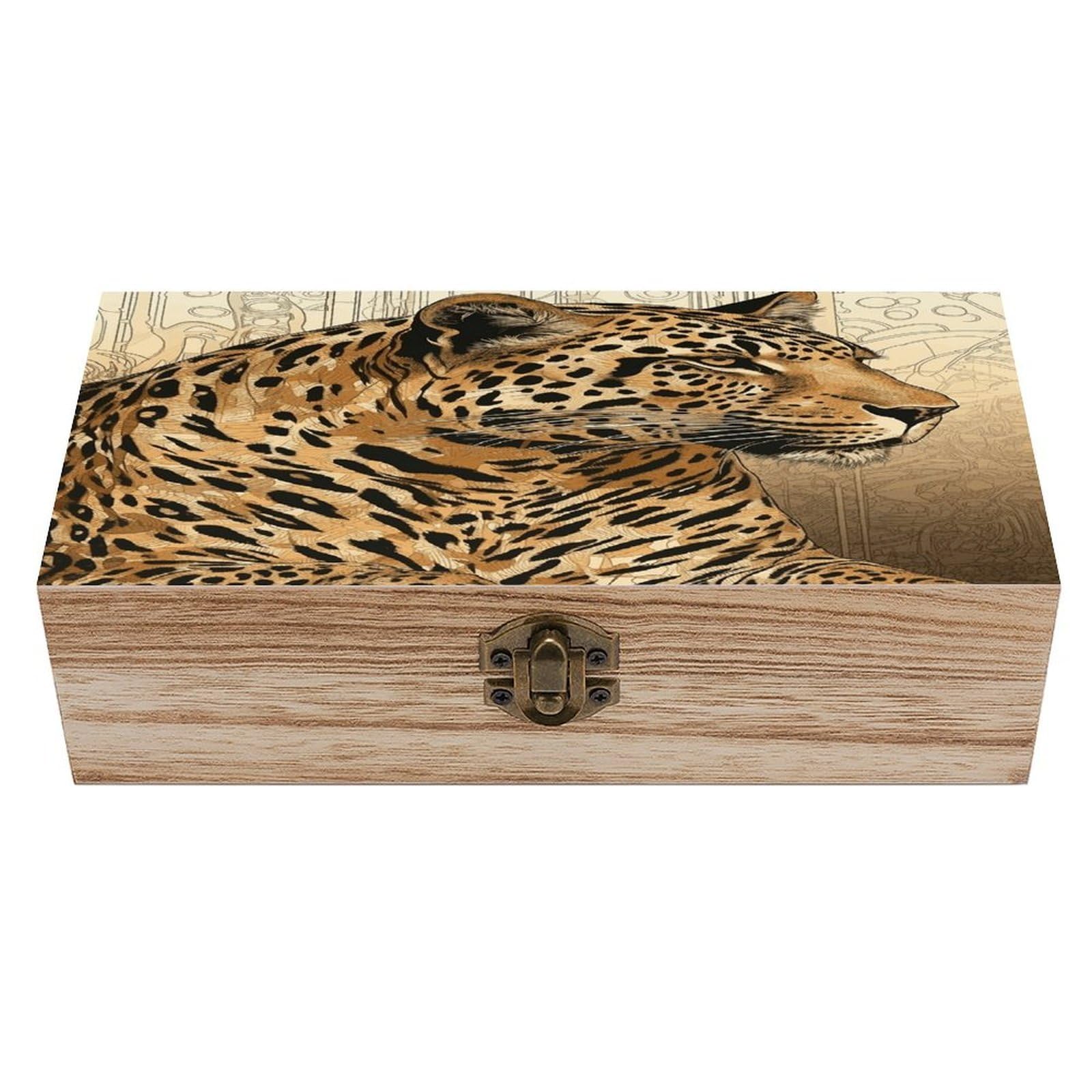 Btcowzrv Style Hand Drawn Leopard Wooden Storage Box, Keepsake Box With Hinged And Retro Lock, Wood Jewelry Organizer For Photos & Mementos And Home Decor
