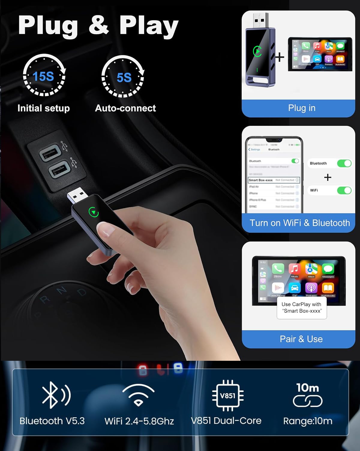 Wireless CarPlay Adapter für iOS 10+ und Android 11+, Konvertieren Sie kabelgebundenes CarPlay Kompatibel mit Autos 2016+ mit Wired CarPlay
