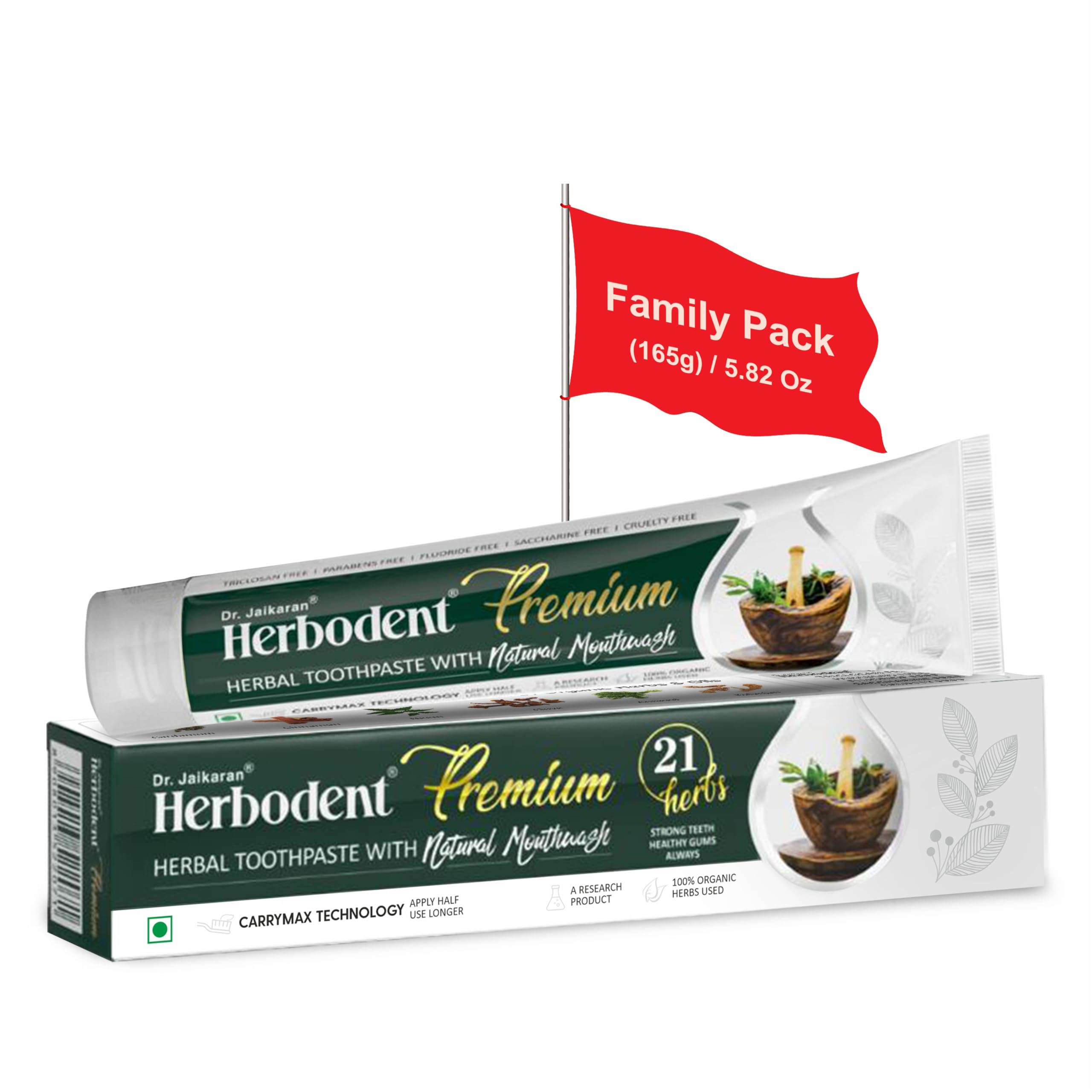 Premium Toothpaste - 165g Pack of 1 | A Unique Blend of 21 Herbs Like Neem, Clove, Cinnamon, Cardamom with Natural Mouthwash - No Paraben, No Fluoride, No Saccharin