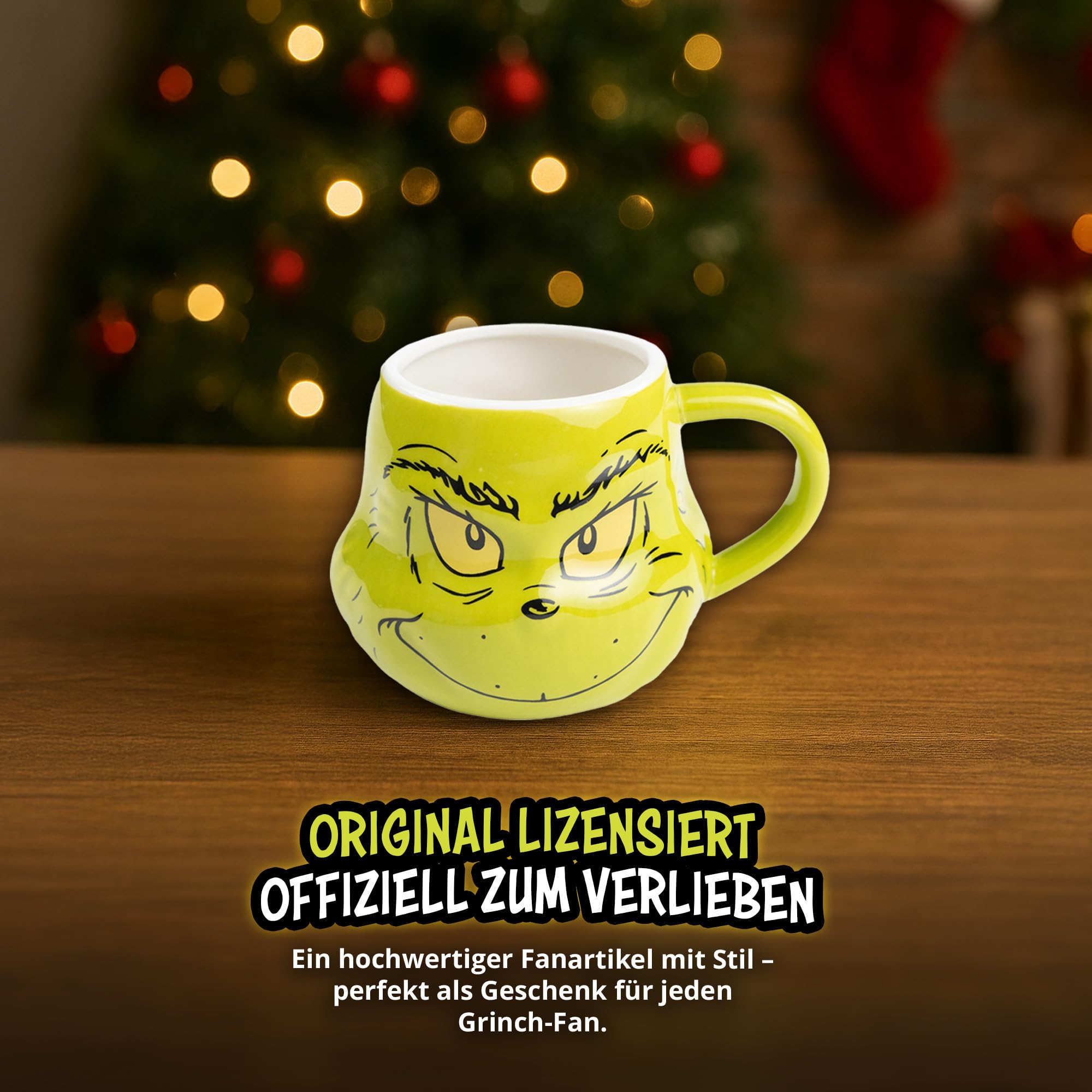 United Labels Grinch Tasse 320 ml, Grün, 3D Grinch Gesicht, Kaffeebecher aus Keramik, lustige Kaffeetasse in Geschenkbox Küche, Haushalt & Wohnen