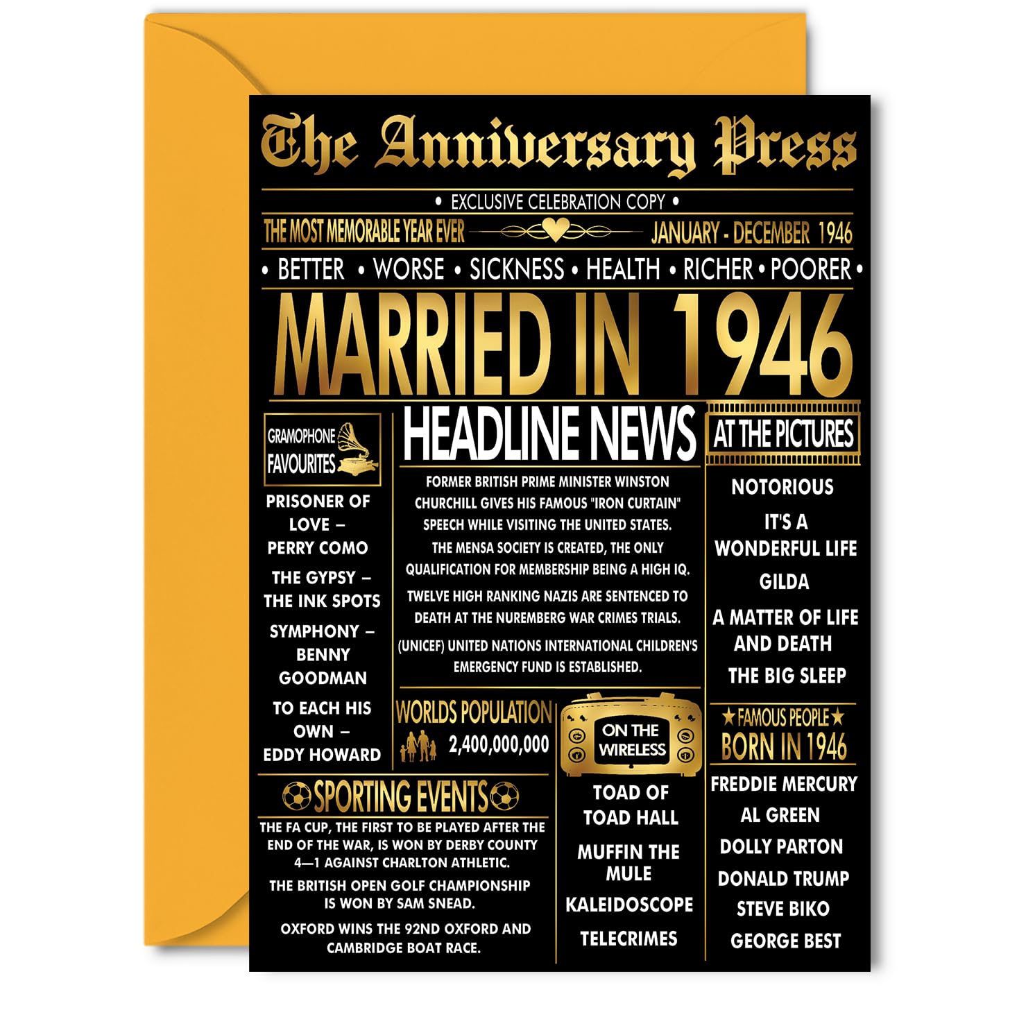 Gold 80th Anniversary Card for Women Men - Golden Newspaper Married in 1946-80 Year Wedding Anniversary Card for Companion Husband Partner Wife, 5x7 Inch Anniversaries Greeting Cards