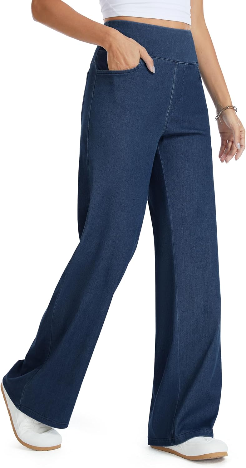 THE GYM PEOPLE Women's Wide Leg Jeans High Waisted Pull on Stretchy Baggy Basic Straight Denim Pants with Pockets - Image 2