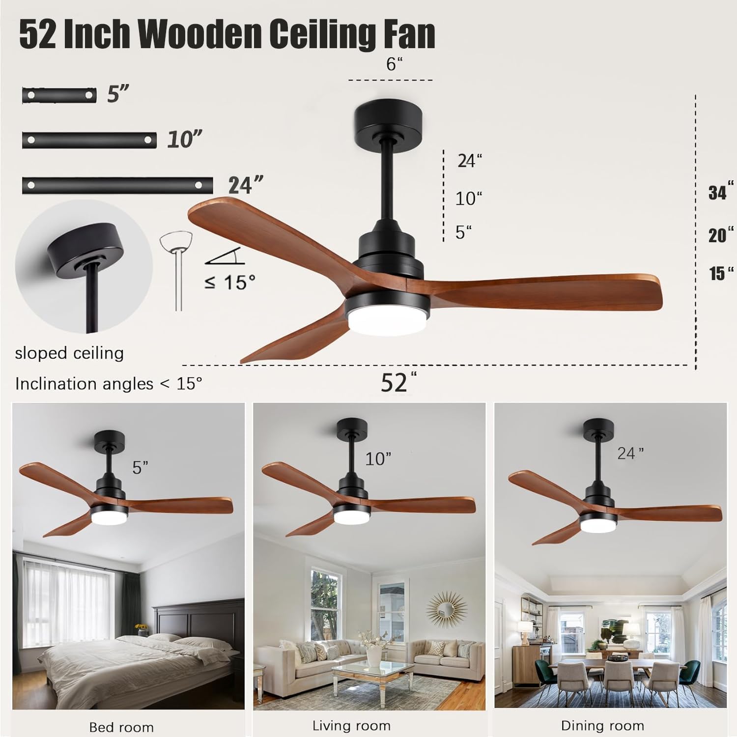 Diagram showing dimensions of the 52-inch ceiling fan, including downrod lengths (5, 10, 24 inches) and suitability for sloped ceilings up to 15 degrees inclination.