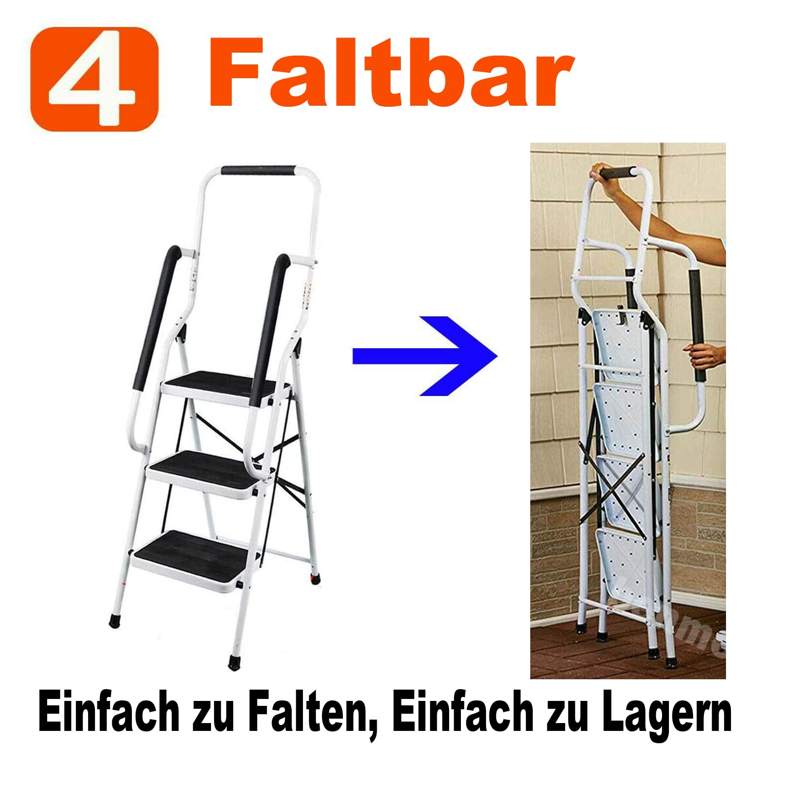 Scala Pieghevole A 3 Gradini Con Corrimano - Acciaio, Portata 150 Kg, Antiscivolo