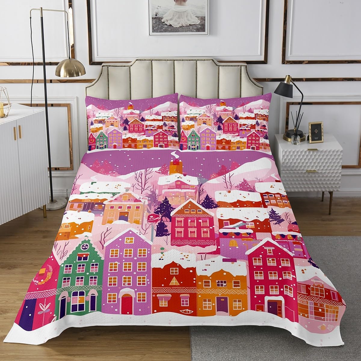 Erosebridal Pink Christmas Bedspread Set King,Winter Snowflake Bedding Set for Kids Teens Girls Boys,Pink and White Buffalo Plaid Grid Bed Set,Xmas Flower Floral Coverlet Set,Blue Pink 3 Pcs