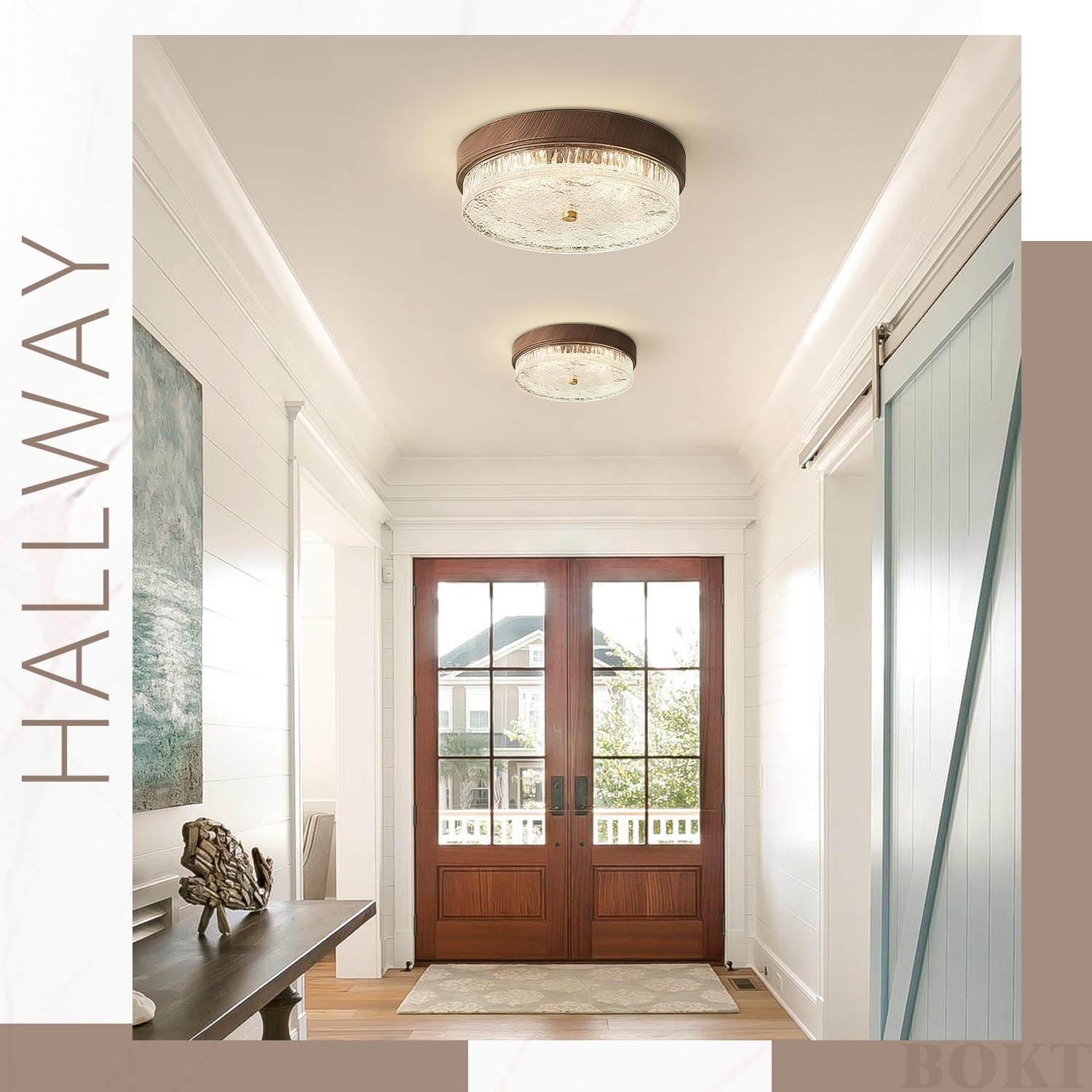 BOKT Farmhouse Wooden Flush Mount Ceiling Light Fixture Adjustable 3000K-6000K Ceiling Lights Walnut Wood Color Circle Ceiling Lamp Indoor Hallway Hanging Light Kitchen Close to Ceiling Lights