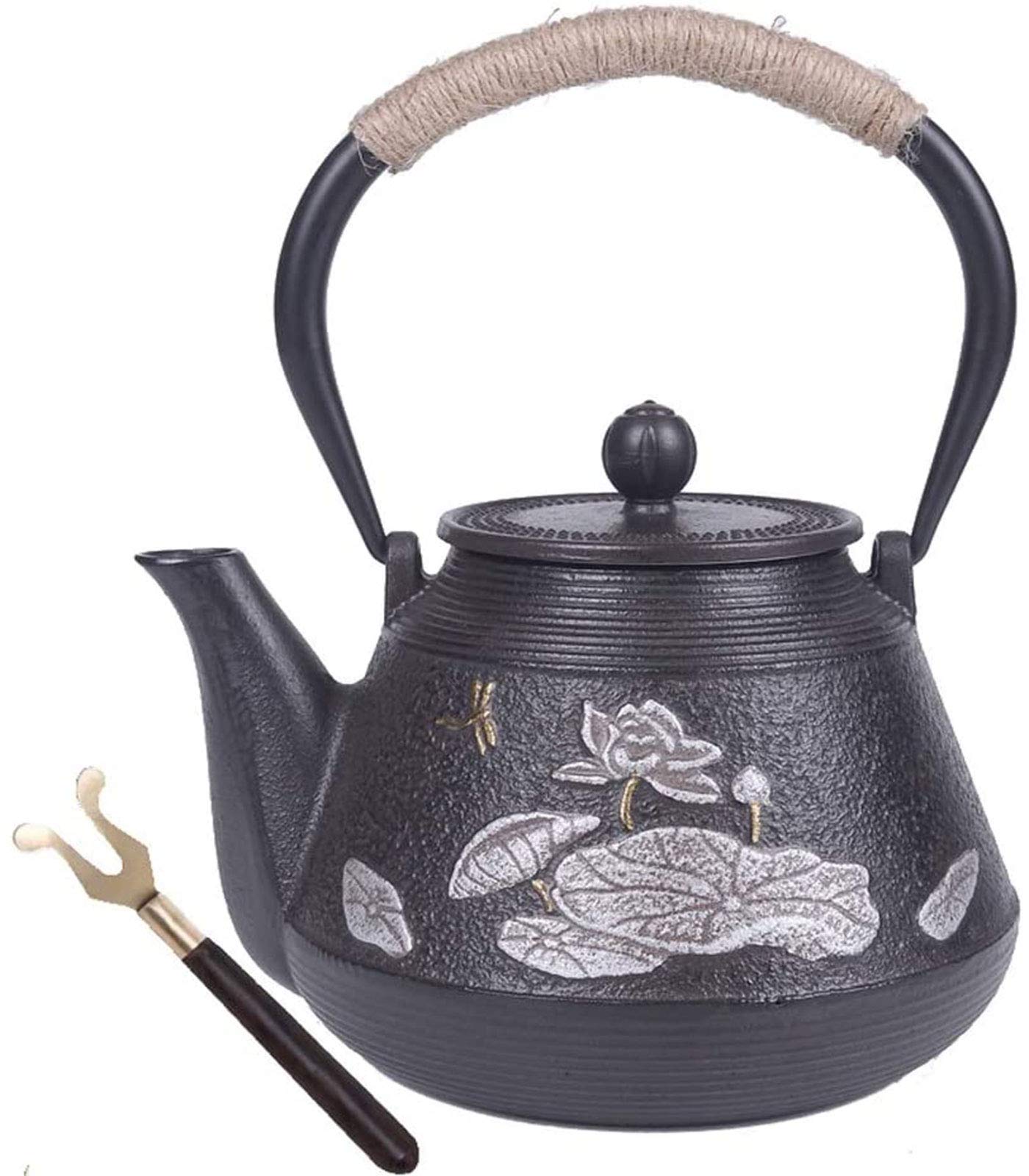 MGEMJMJ Teapot Japanese Cast Iron Teapots Tetsubin Tea Kettle Set With Stainless Steel Infuser, For Green Tea And Teabags, Lotus Pattern Black 1200ml