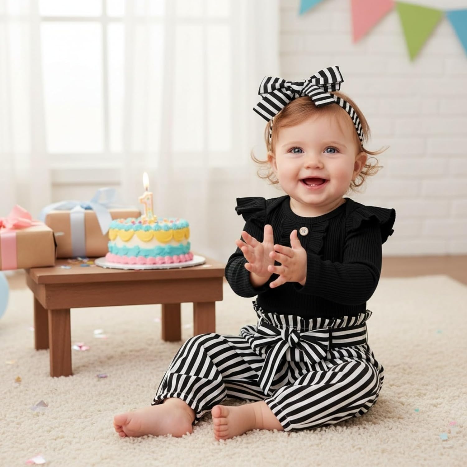 Kislio Newborn Baby Girls Clothes Ribbed Ruffled Romper+Floral Pants+Headband Infant Outfit Set - Image 3