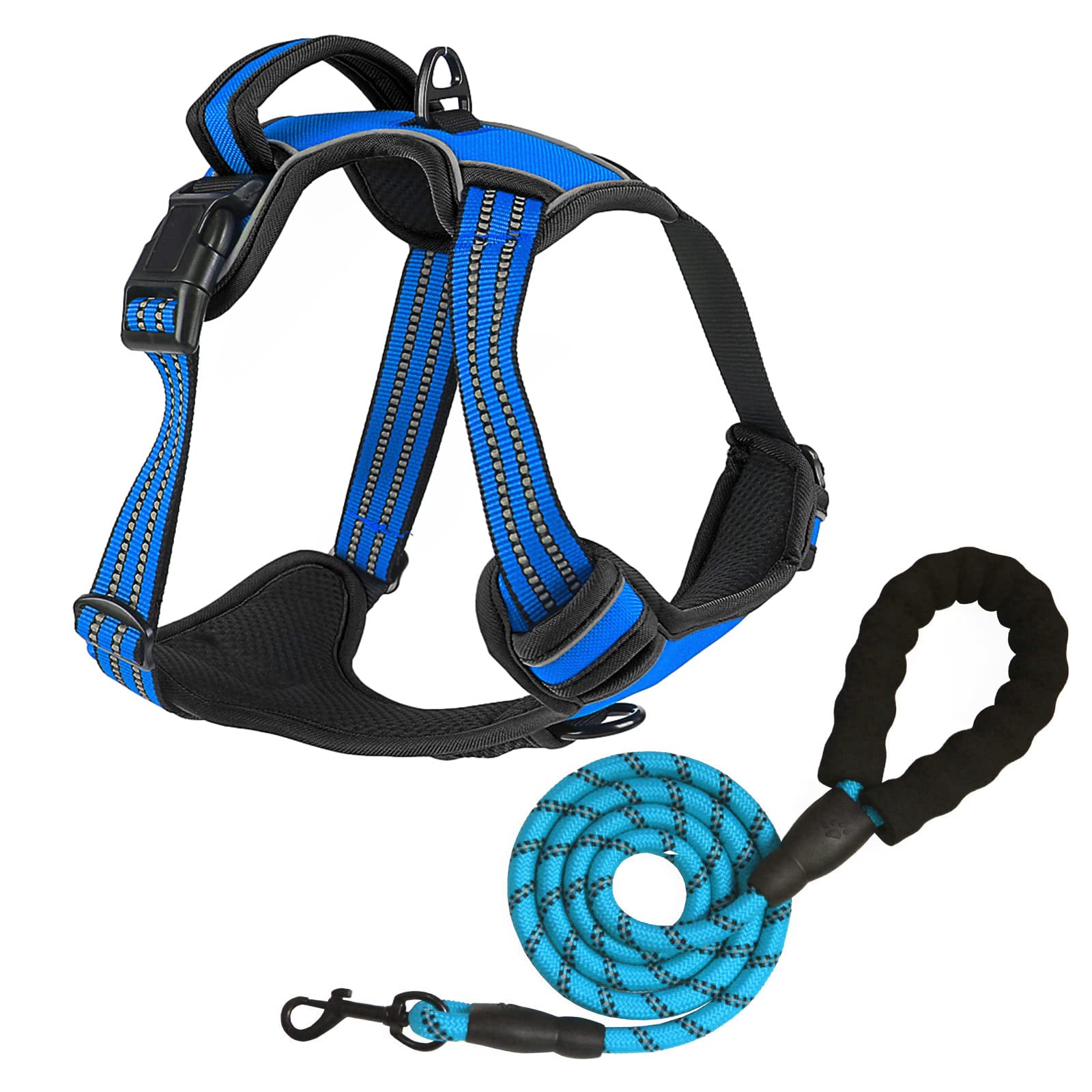 No Pull Dog Harness for Medium Large Dogs Adjustable Reflective Pet Vest with Front Clip Easy Control Handle Breathable Padded Harness with a Lead for Training Walking Blue L