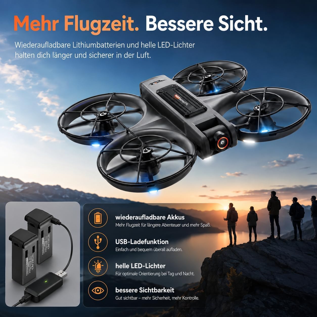 RC Drohne mit HD Dual Kamera, Display Fernbedienung, Brushless Motor, 90° Kamera, FPV Livebild, Optical Flow, 360° Flip, LED, für Anfänger und Kinder (Schwarz, Akkus: 2 St.)