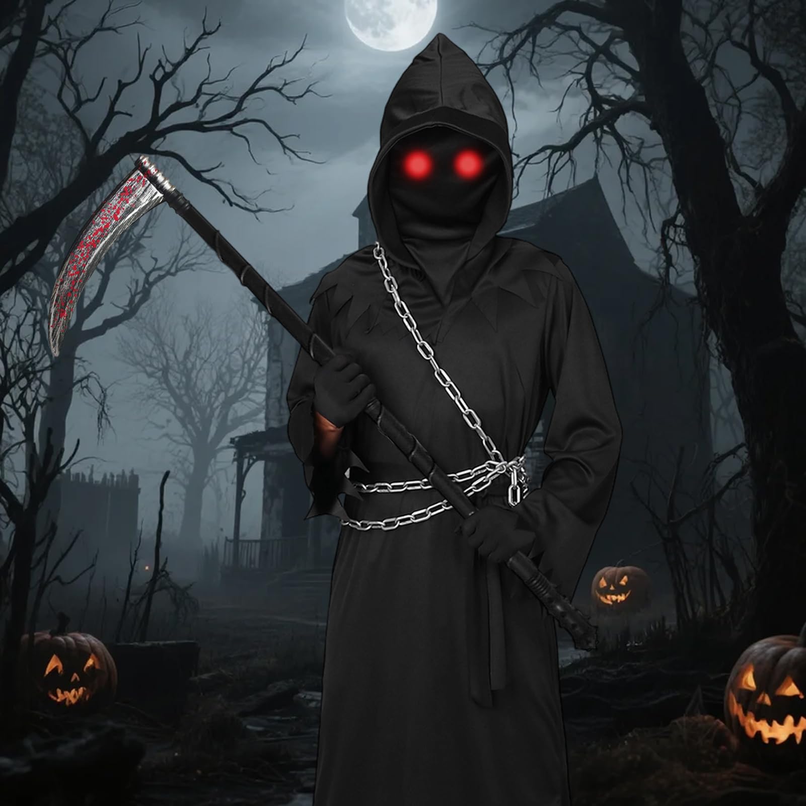 SERTAS Grim Reaper Halloween Costume with Glowing Red Eyes for Kids Boys 7 Pcs Halloween Grim Reaper Costume Set including Glasses Scythe Chain Belt (A - Image 4