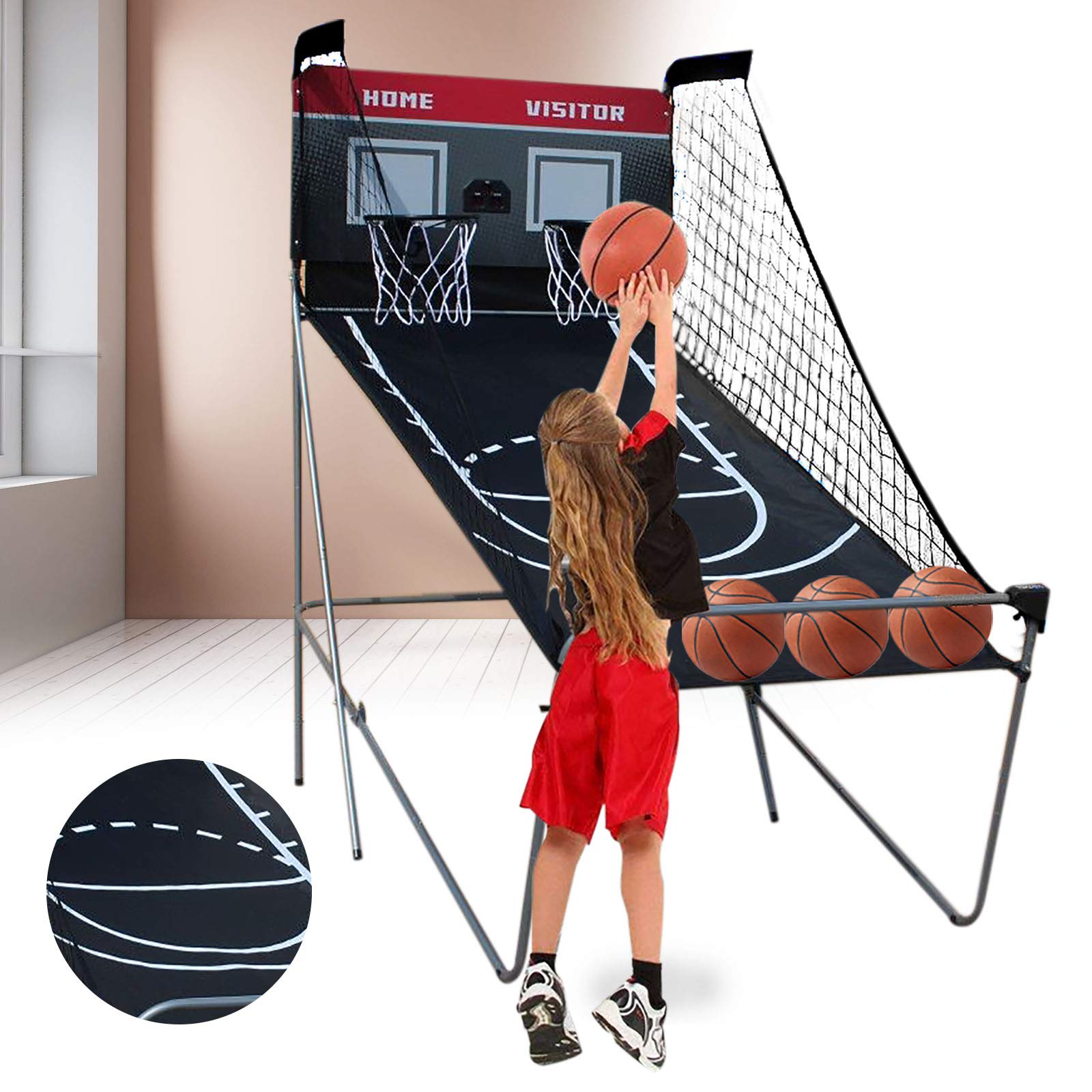 Canasta de baloncesto 8 en 1 Shoot Out plegable, automática, máquina de tiro electrónica, con 2 canastas de baloncesto, adecuada para apartamentos, salas de juegos, sótanos, etc