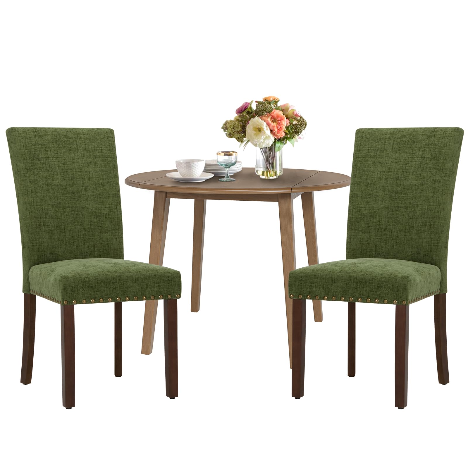 Photo 1 of **MISSING CHAIRS*** COLAMY 3-Piece Extendable Dining Table Set for 2, 36" Kitchen Round Wood Table with 2 Nailhead Dining Room Chairs,Light Brown/Green