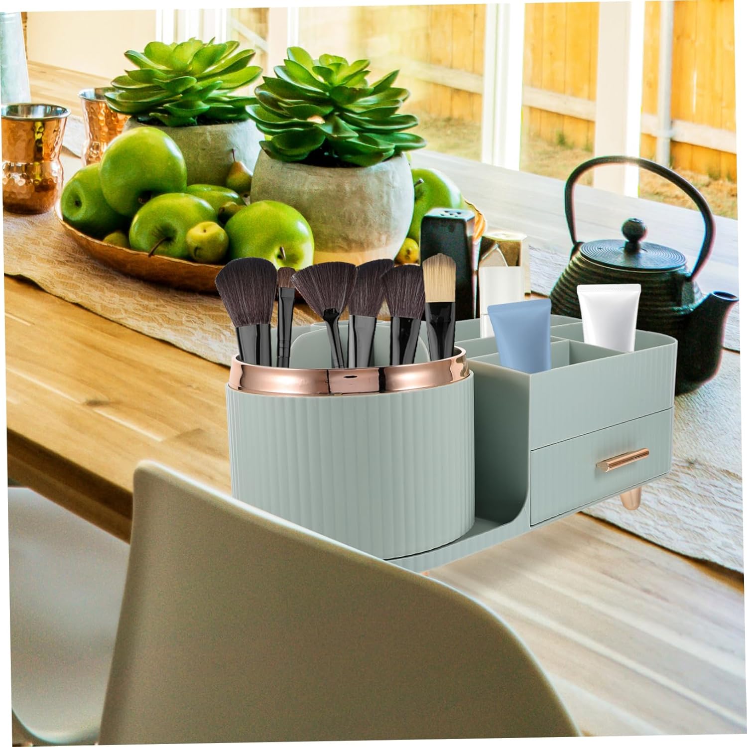 Rotating Makeup Brush Holder with Drawer Multi-compartment Makeup Organizer for Vanity Easy Access Cosmetic Display Case Light Blue