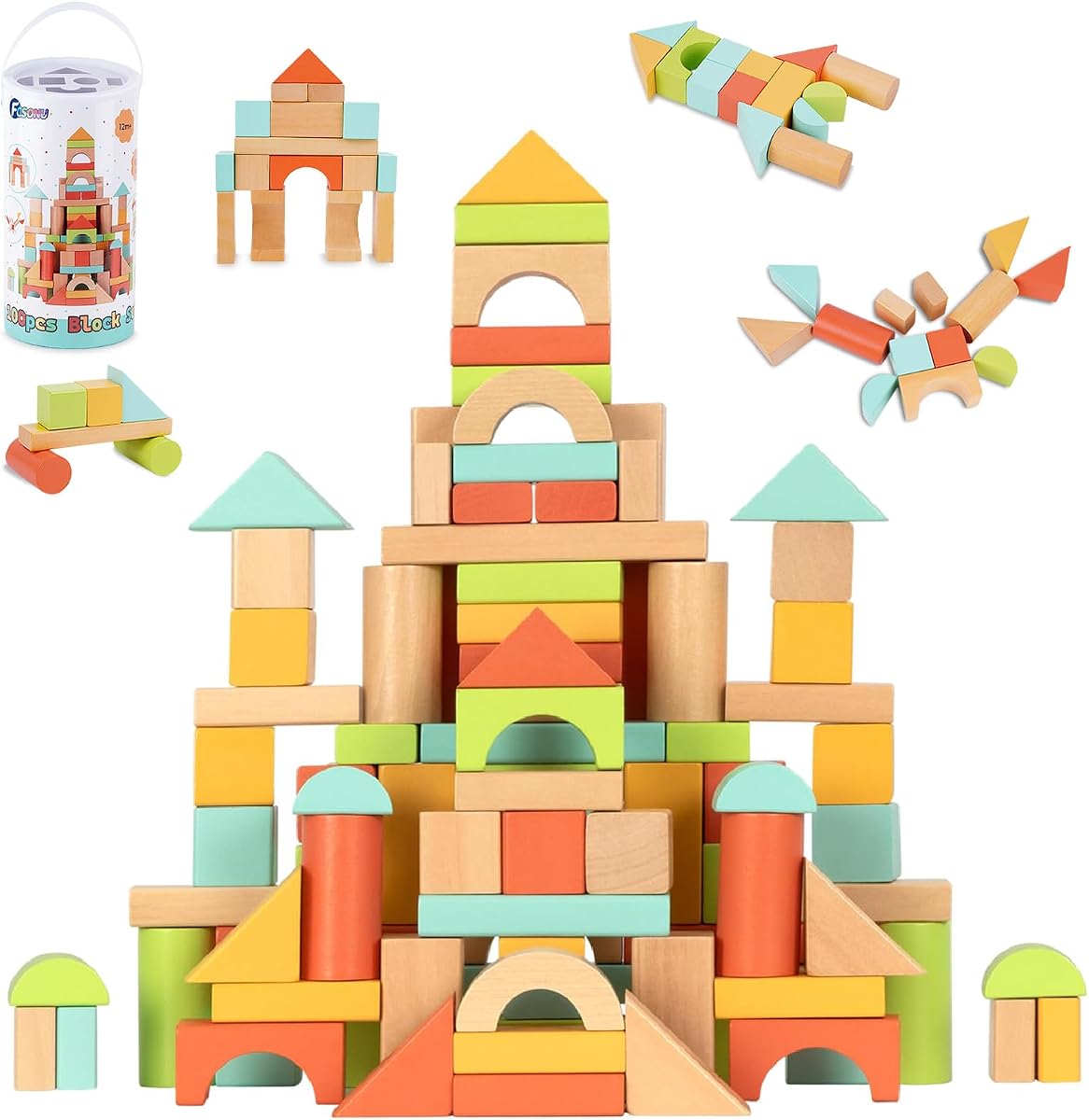 Wooden Building Blocks for Toddlers 1-3, 100Pcs Kids Wood Blocks Set | Wooden Blocks for Toddlers 3-5, Montessori Building Toys&Stacking Toys, Easter Christmas 1st Birthday Gifts for Boy Girl Baby