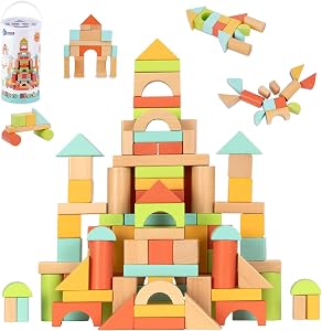 FCSONU Wooden Building Blocks for Toddlers 1-3, 100 Pcs Wood Blocks Set - Sorting & Stacking Toys with Storage and Lid, Kid Montessori Toys Ages 2+, Christmas 1st Birthday Gifts for Girls Boys Baby