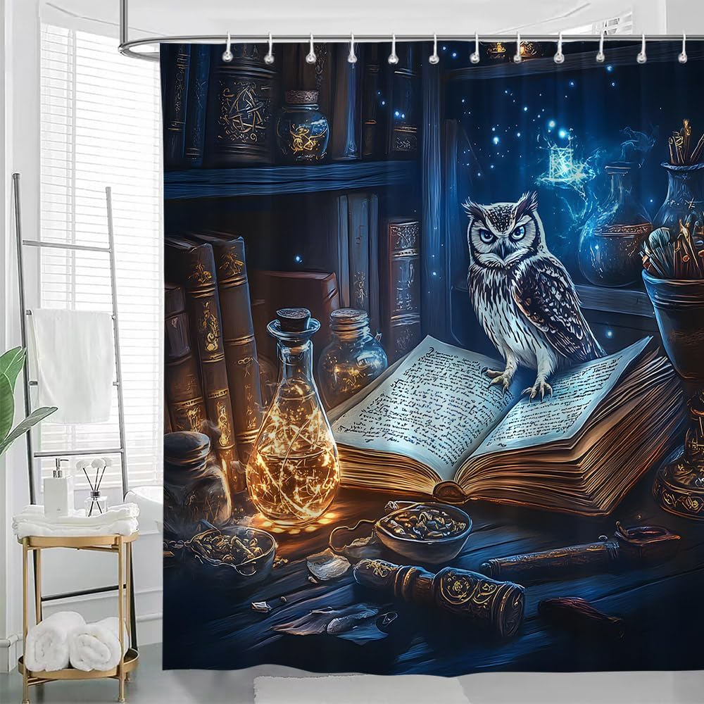 Funny Owl Shower Curtain Fantasy Birds Magical Wild Animal Blue Halloween Wooden Bookshelf Gothic Vintage Library Bathroom Decor Curtains 94x70 inch with Hook
