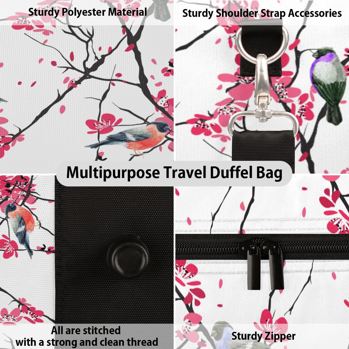 Painted Flowers Birds Travel Duffel Bag for Women Men Large Capacity Overnight Weekender Bags for Lightweight Waterproof Sport Gym Bag for Workout Yoga Swim