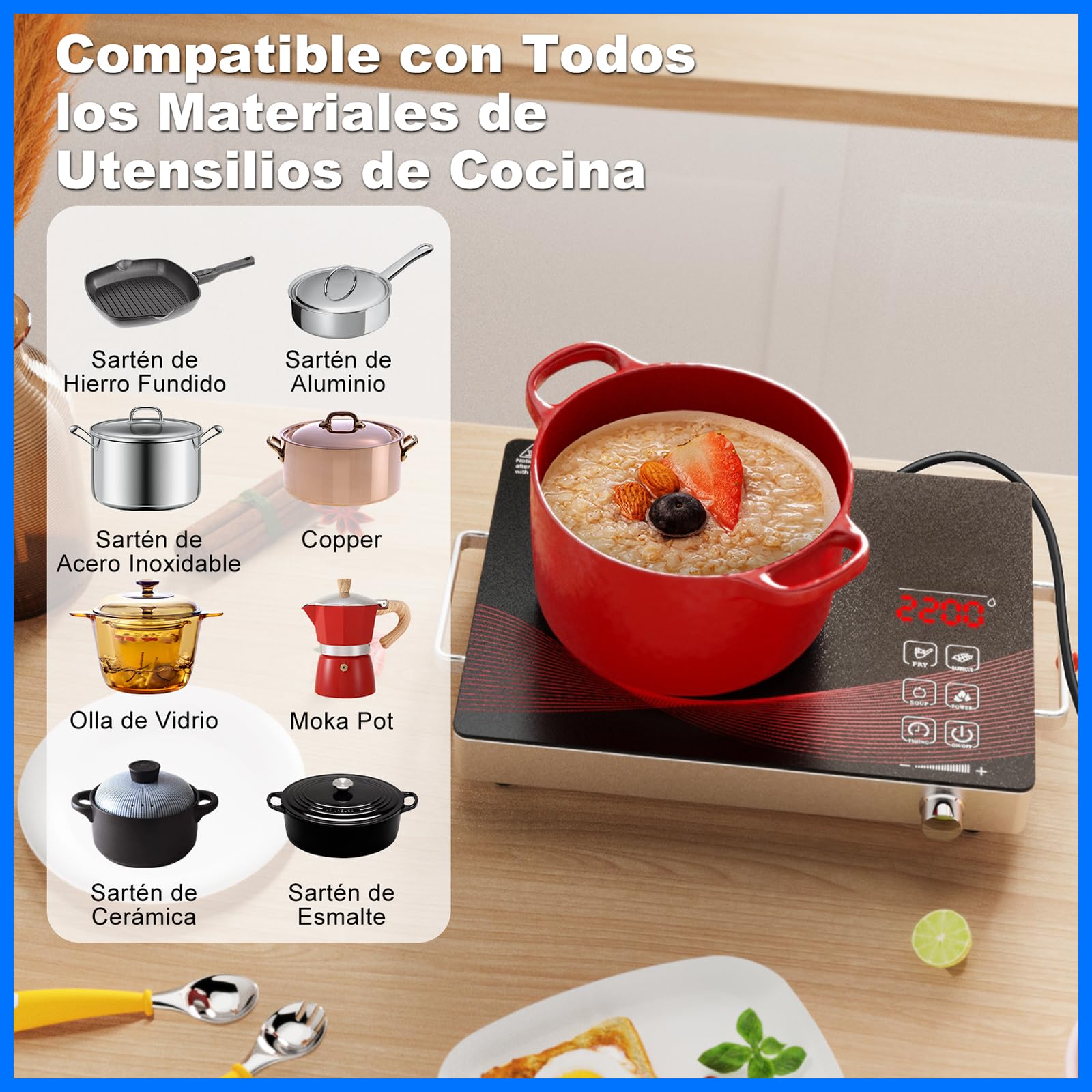 Placa de Cocina Electrica Portatil 1 Fuego 2200W, Placa de Cocina Electrica Pequeña con Controles Táctiles y 18 Niveles de Potencia, Placa de cocción Para, viajes y campings.
