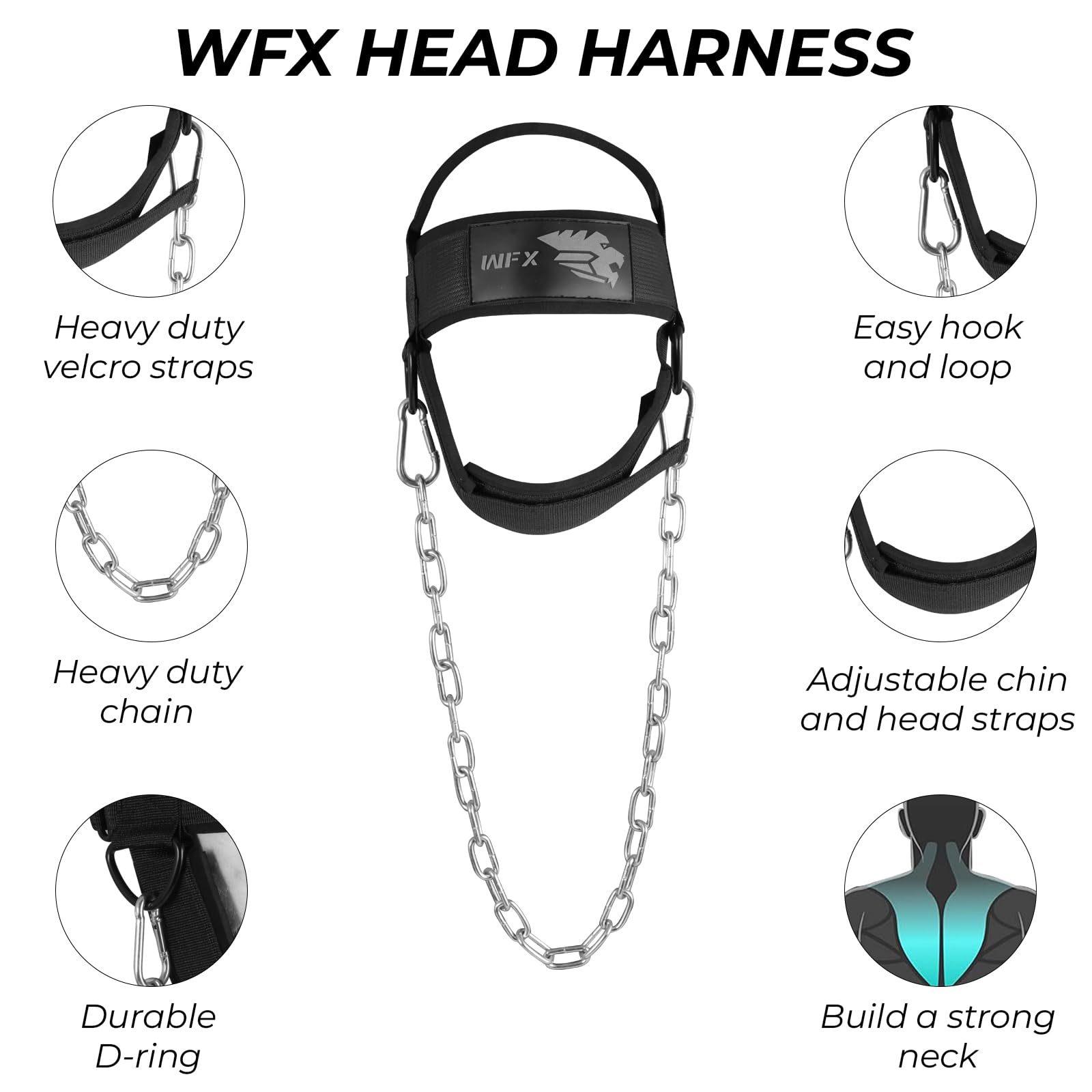 WFX Imbracatura per la testa Collo Immersione Heavy Duty Lunga Catena in Acciaio Regolabile Fitness Collo Harness Sollevamento Pesi Cinghia Imbottita In Neoprene Allenamento Resistenza Allenamento