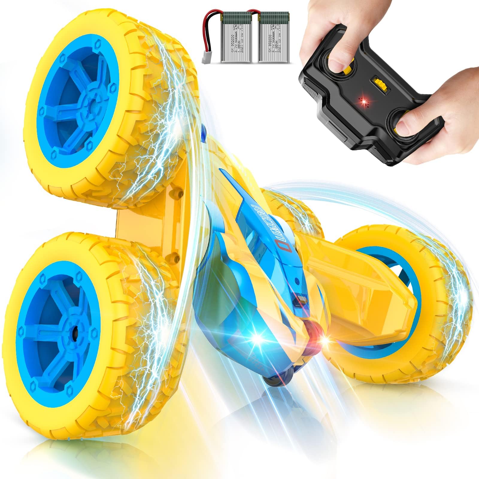 Qumcou Remote Control Car, RC Cars Stunt Car Toys for Kids, 2.4Ghz High Speed Double-Sided 360°Rotating Toy Cars with Cool Headlights, Christmas Birthday Gifts for Boys Girls Age 6-12（Yellow）