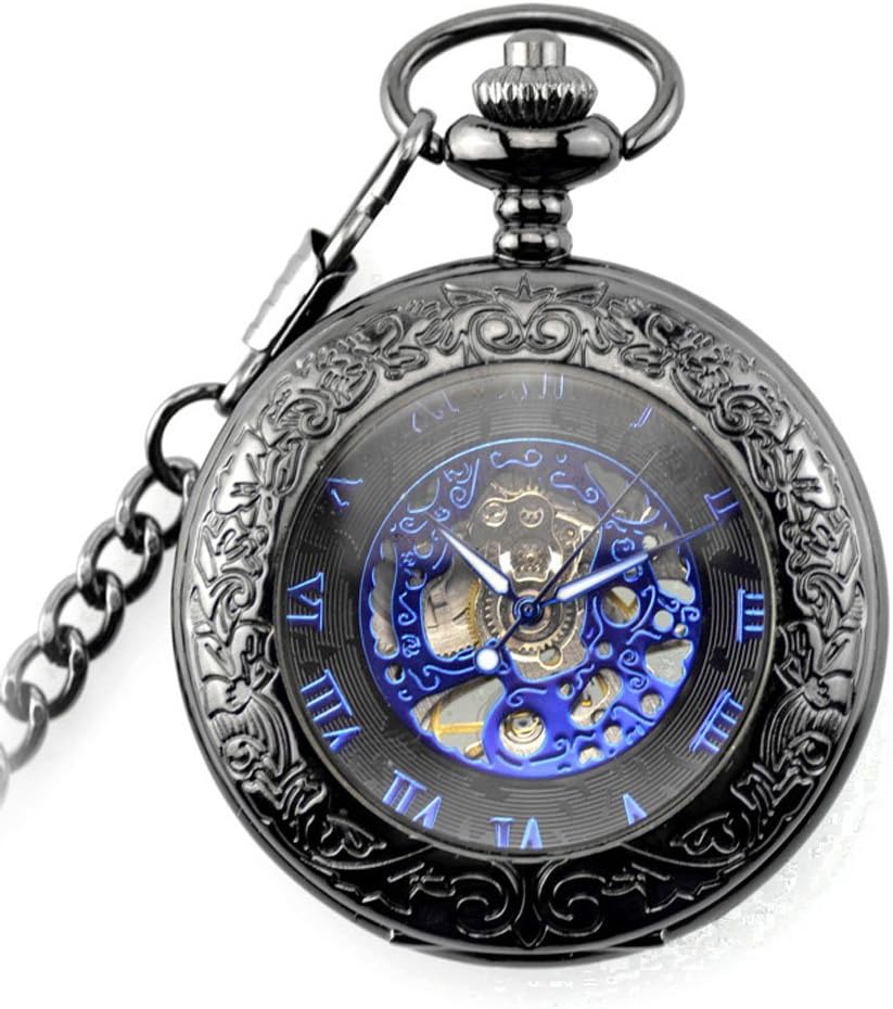 Men's Women's Pocket Watches with Chain,Luxury Blue Pocket Watches for Women,Hand Wind