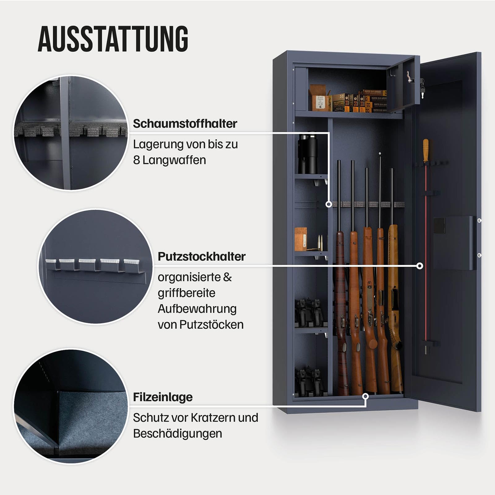 Profirst Waffenschrank Forest 8 Stahl Elektronikschloss Notöffnung separat versperrbarer Innentresor 3 Fachboden Putzstockhalterung Schaumstoffwaffenhalter inkl. Befestigungsmaterial