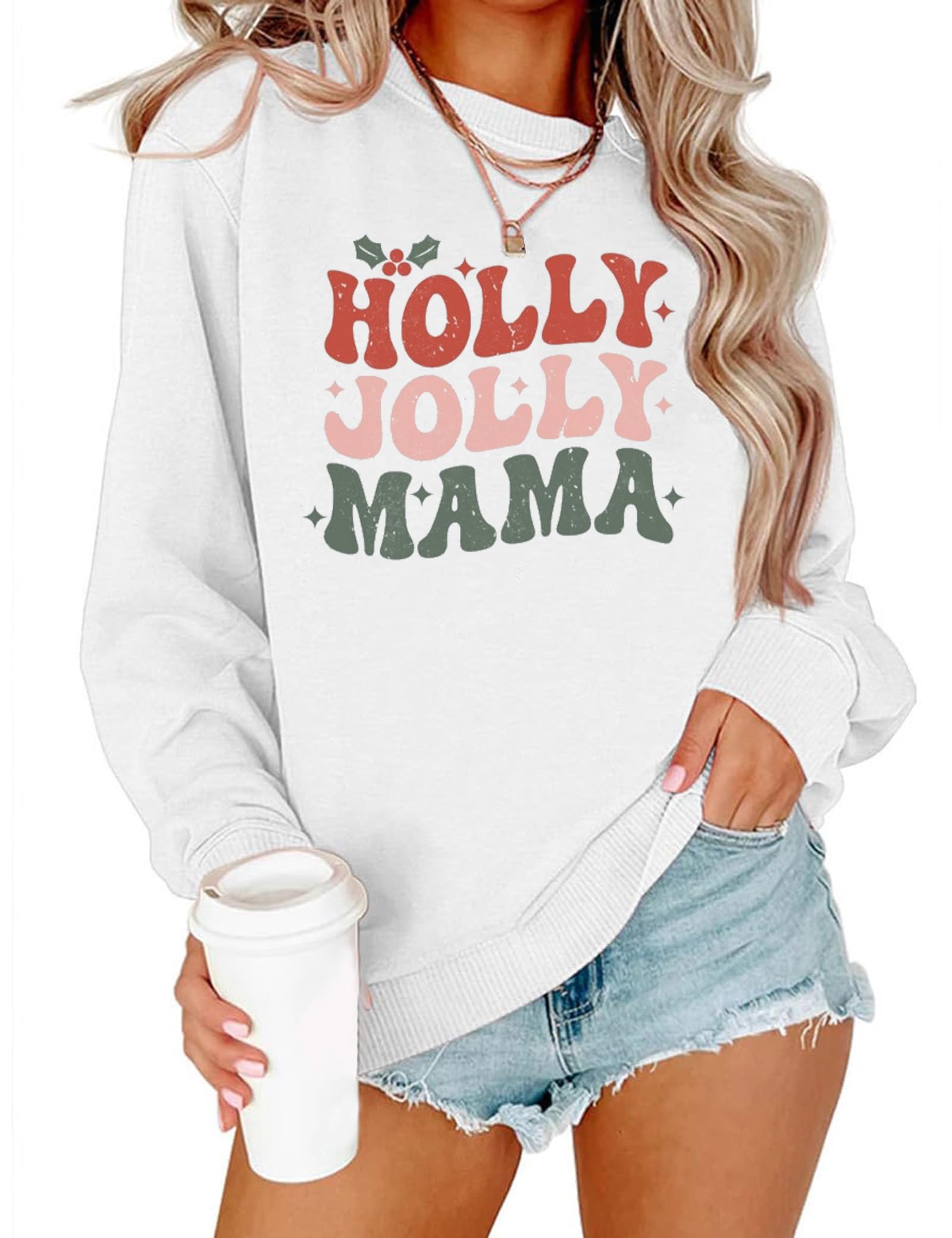 DOLITAENWomen Holly Jolly Mama Sweatshirt Mom Christmas Sweater Matching Family Long Sleeve Pullover Tops