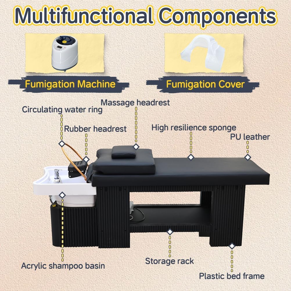 Head Spa Bed, Massage Shampoo Bed, Japanese Head Spa Equipment, Professional Massage Table, Thai Beauty Table with Fumigation & Water Circulation, for Salons, Beauty,Plastic Frame
