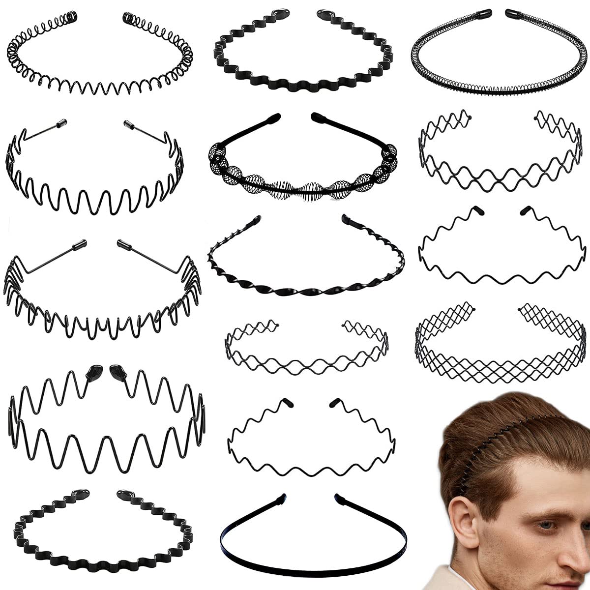 BOYIVI 15 Pieces Metal Headband for Men and Women Unisex Hair Band Adjustable Headbands Wavy Hair Accessories Non-slip Hair Hoop for Home, Outdoor,