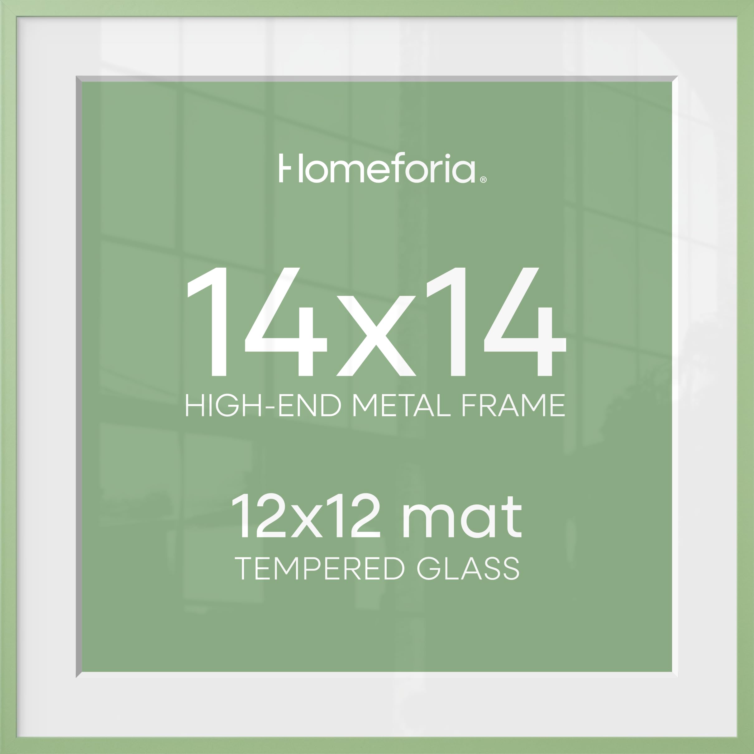Homeforia 14x14 Green Picture Frame, High-End Metal, 12x12 Mat, Glass | High End Aluminum, Tempered Glass, Acid-Free 12x12 Removable Mat, 14x14 in Edge-to-Edge Display 14x14, Wall Kit, Set Of 1