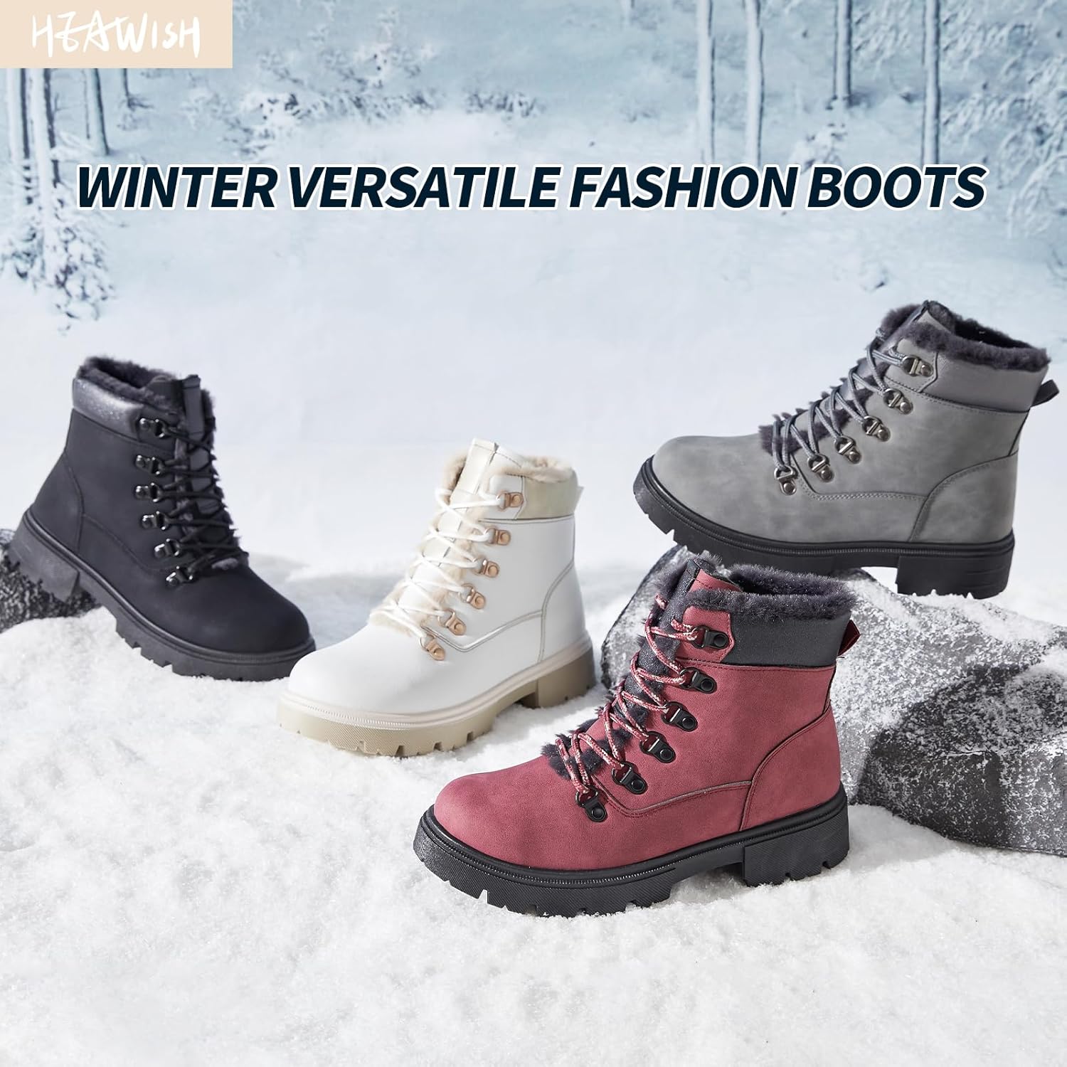 Women Winter Snow Boots with Fur Lined,Black Low heels Combat Ankle Boots,Non Slip Leather Ankle Boots for Women - Image 6
